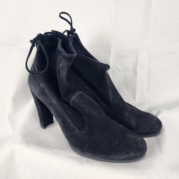 Stuart Weitzman Lofty Lace Up Black Suede Block Heels Ankle Boots Size 8 - Picture 2 of 10